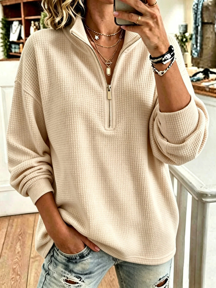 🍂 Women’s Stand Collar Long Sleeve Casual Top Half Zip Solid Color Pullover