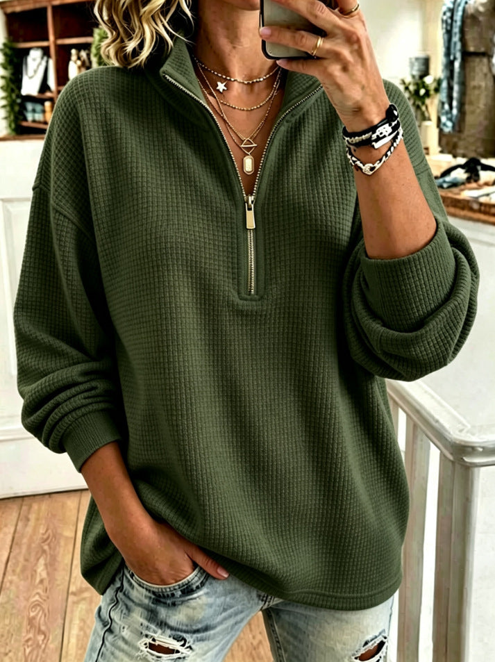 🍂 Women’s Stand Collar Long Sleeve Casual Top Half Zip Solid Color Pullover