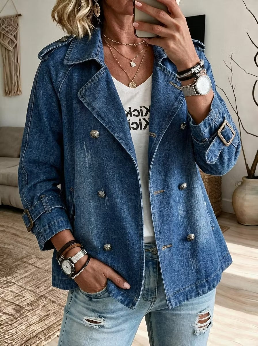 🍁 Women’s Casual Three-Quarter Sleeve Denim Jacket Distressed Button-Up Coat