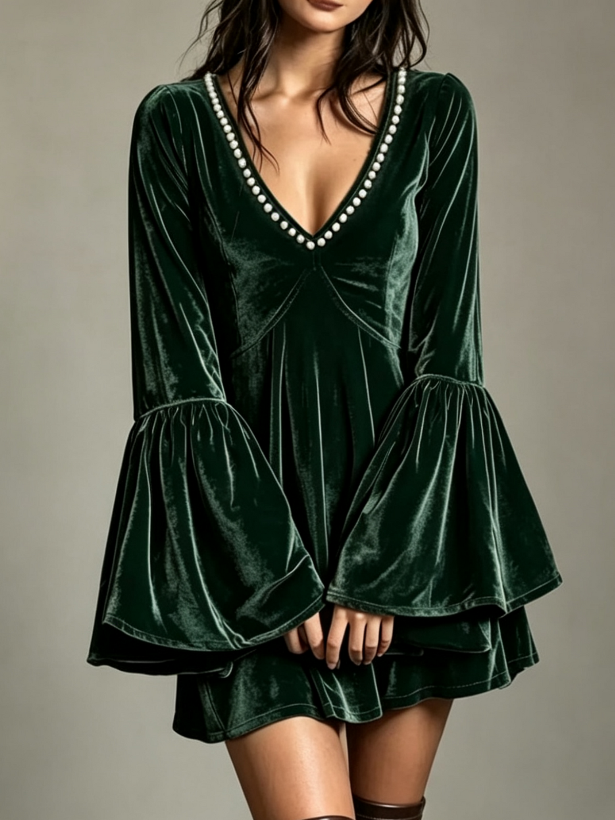 🔥Velvet V-Neck Pearl Trim Flare Sleeve Dress