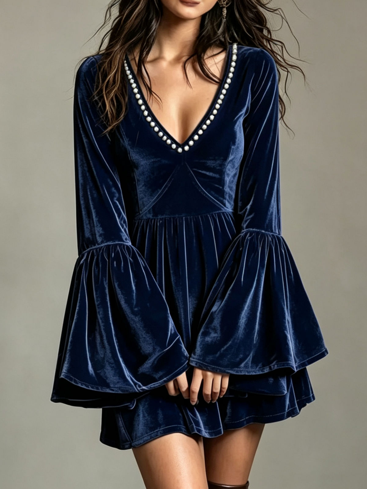 🔥Velvet V-Neck Pearl Trim Flare Sleeve Dress