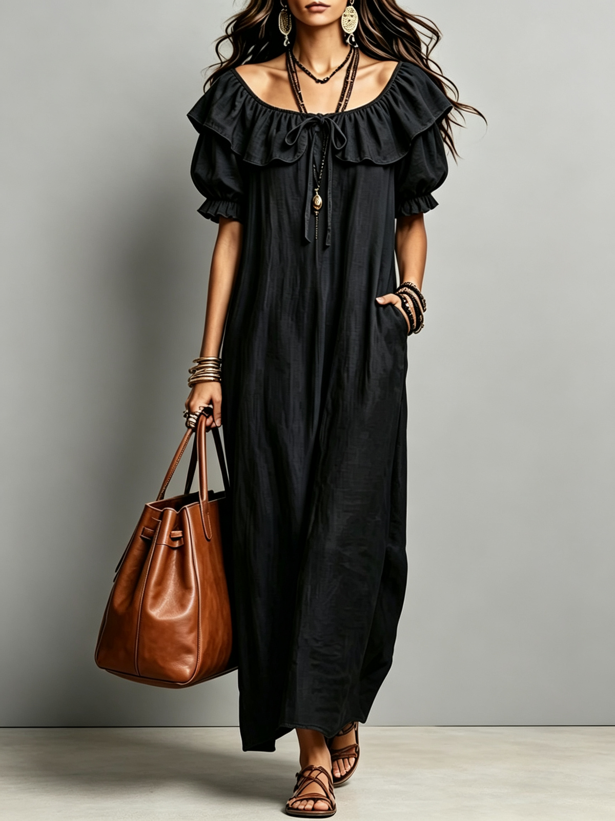 🔥Off-Shoulder Ruffle Collar Maxi Dress