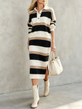 🔥Striped Polo Collar Button Front Sweater Dress