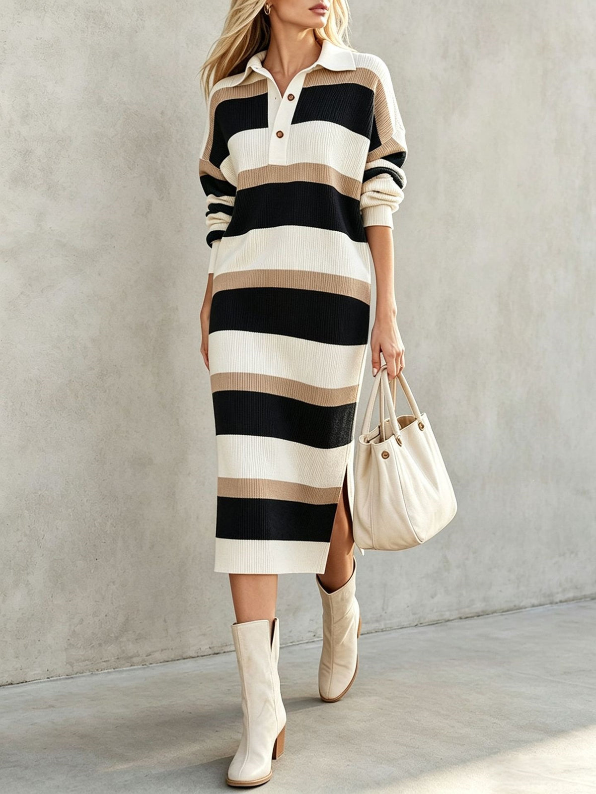🔥Striped Polo Collar Button Front Sweater Dress