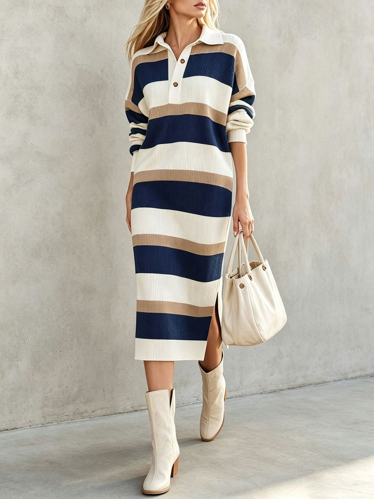 🔥Striped Polo Collar Button Front Sweater Dress