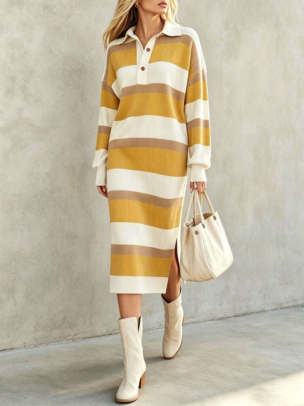 🔥Striped Polo Collar Button Front Sweater Dress