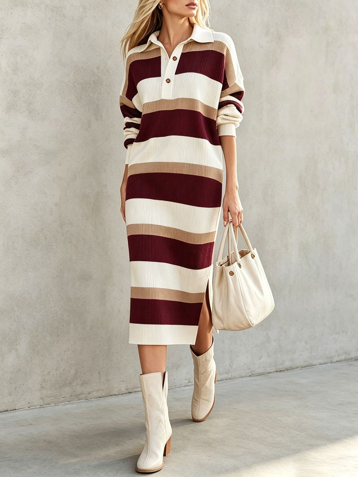 🔥Striped Polo Collar Button Front Sweater Dress