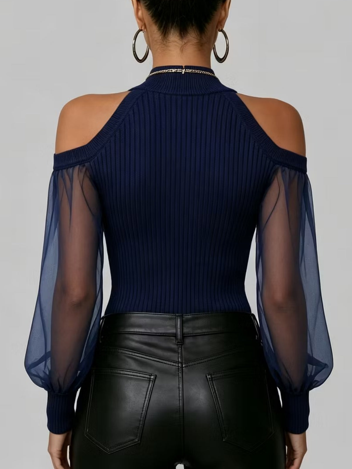 🔥Cold Shoulder Sheer Mesh Sleeve Knit Top