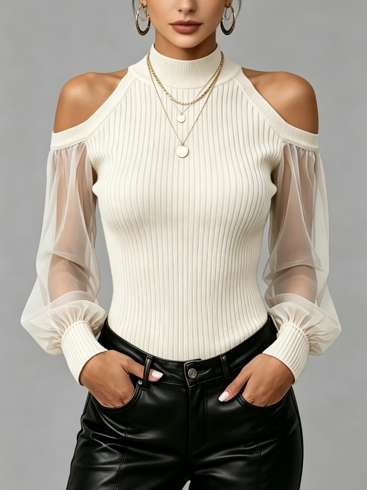 🔥Cold Shoulder Sheer Mesh Sleeve Knit Top