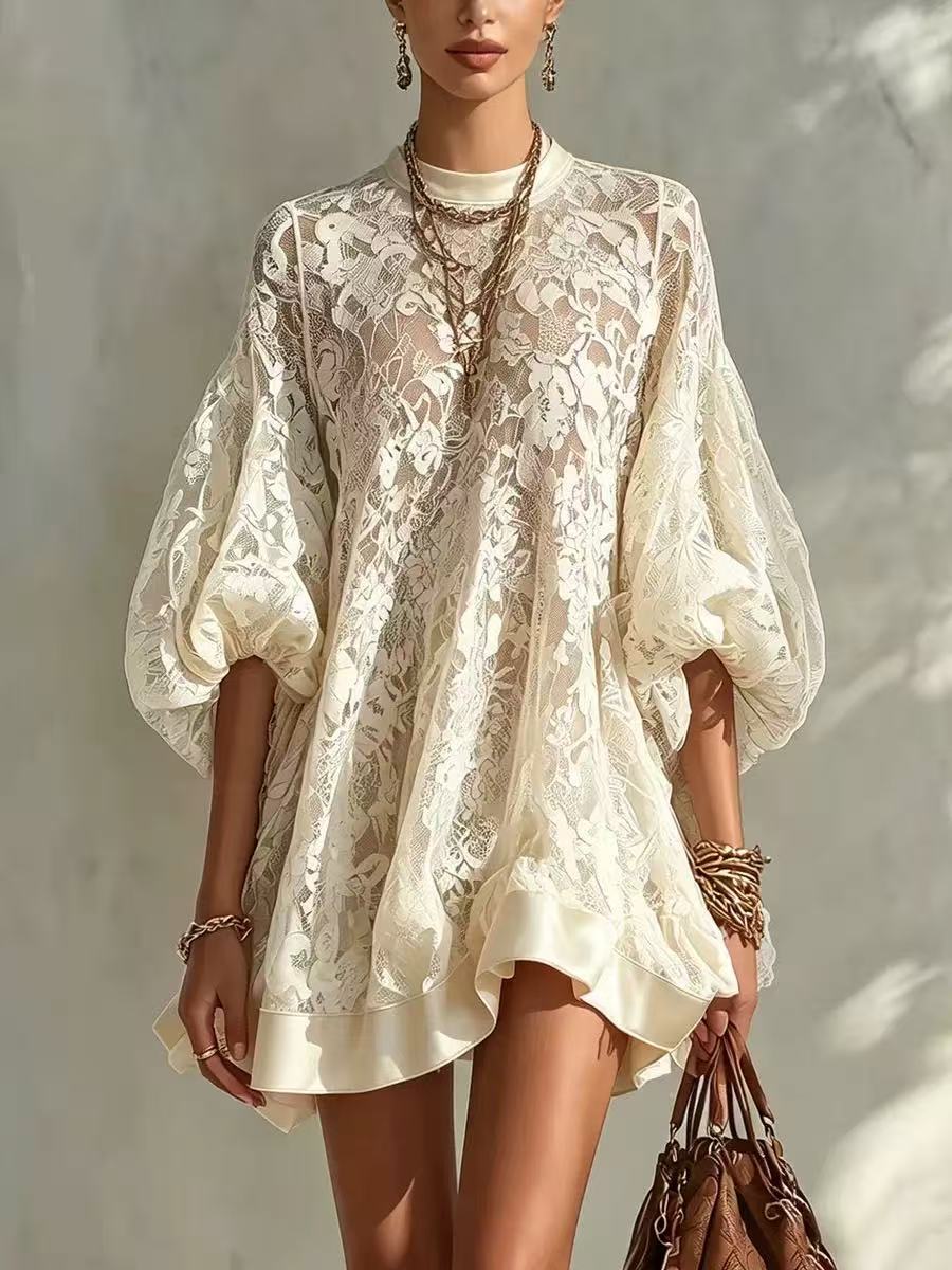 🔥 Lace Bubble Sleeve Loose Mini Dress