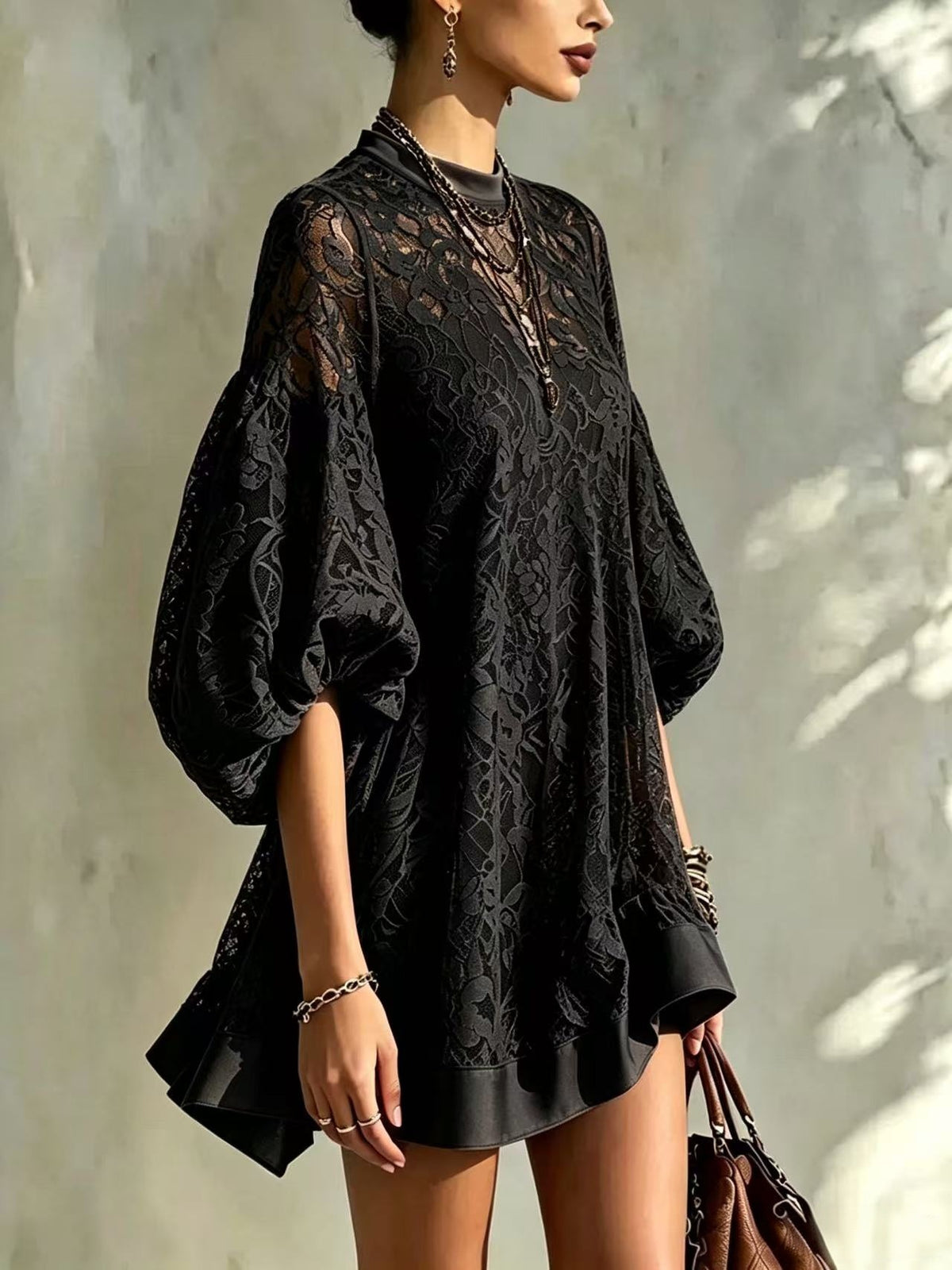 🔥 Lace Bubble Sleeve Loose Mini Dress