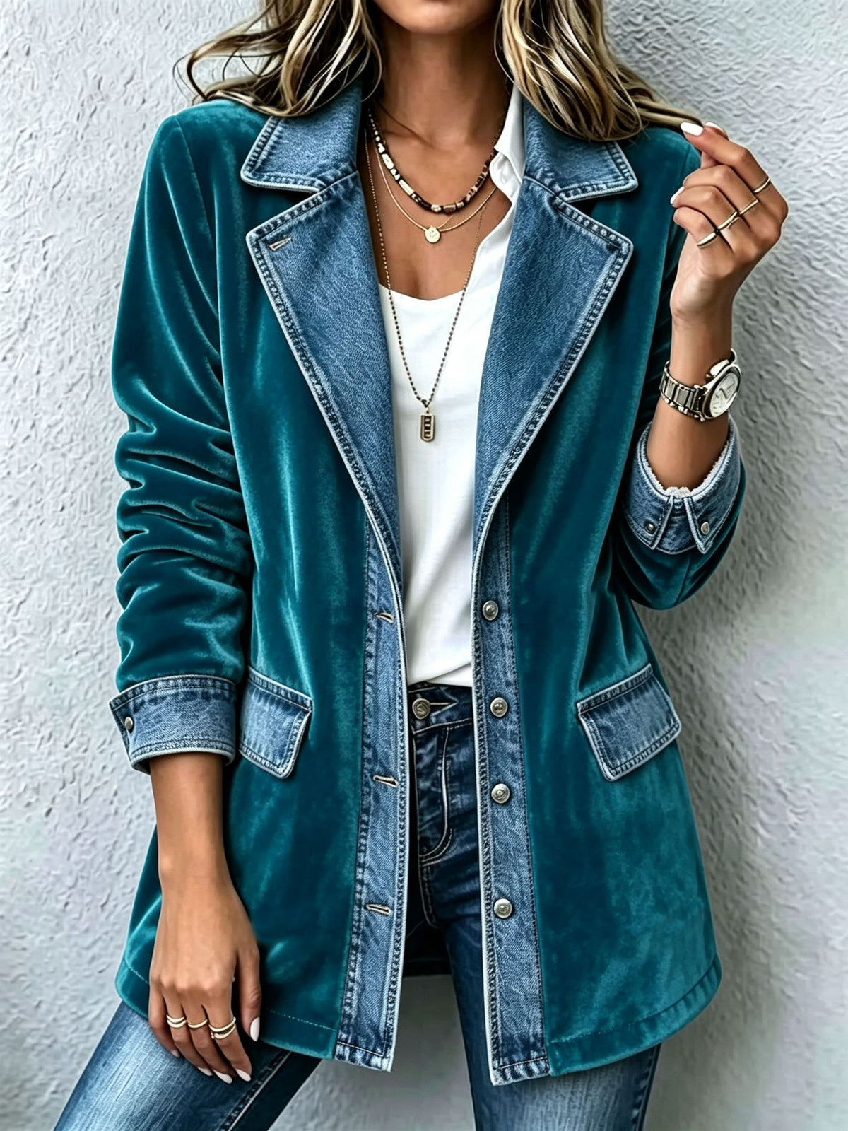 🔥Velvet Denim Combo Blazer Jacket
