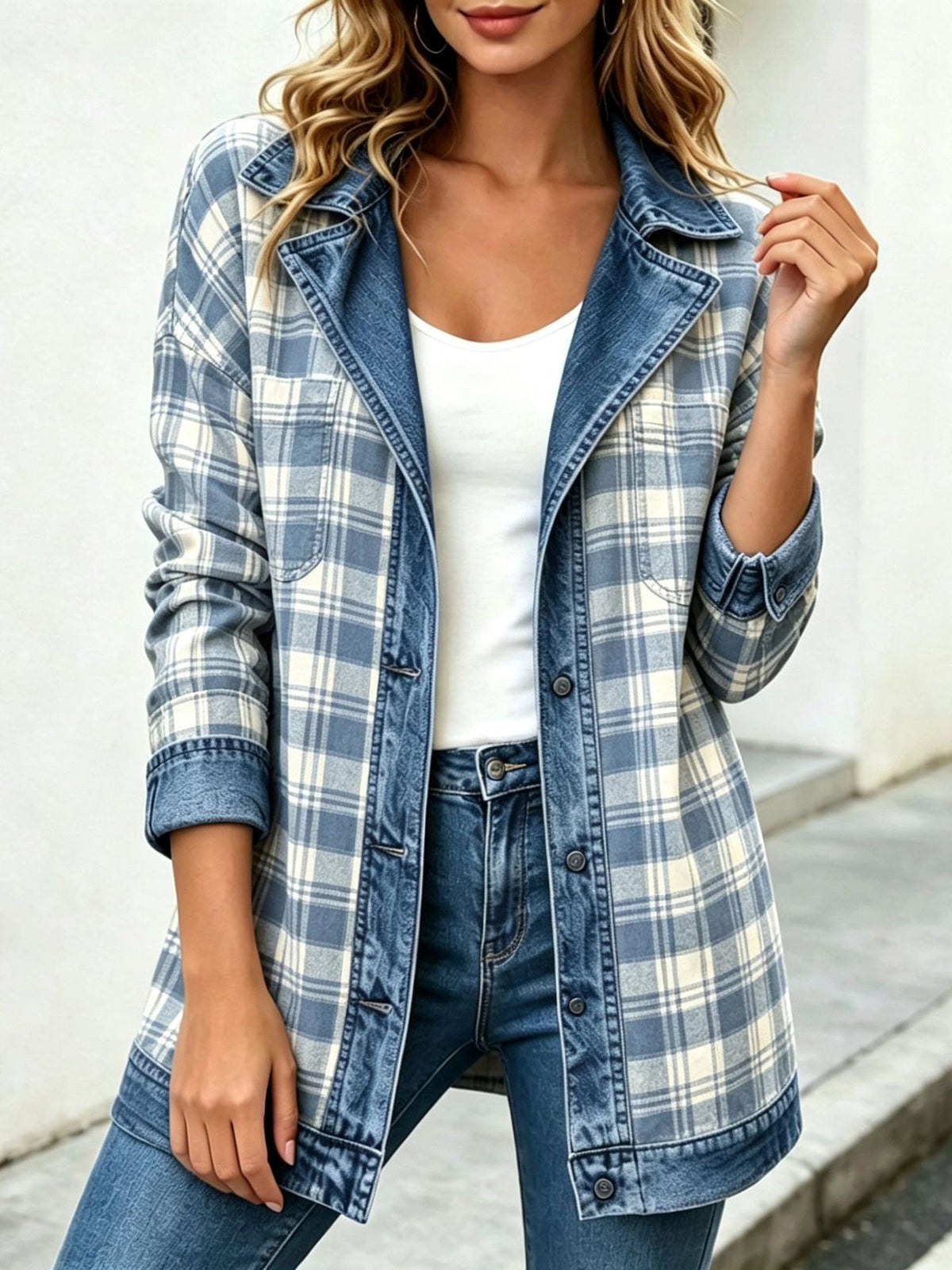 🔥Plaid Denim Combo Collared Jacket
