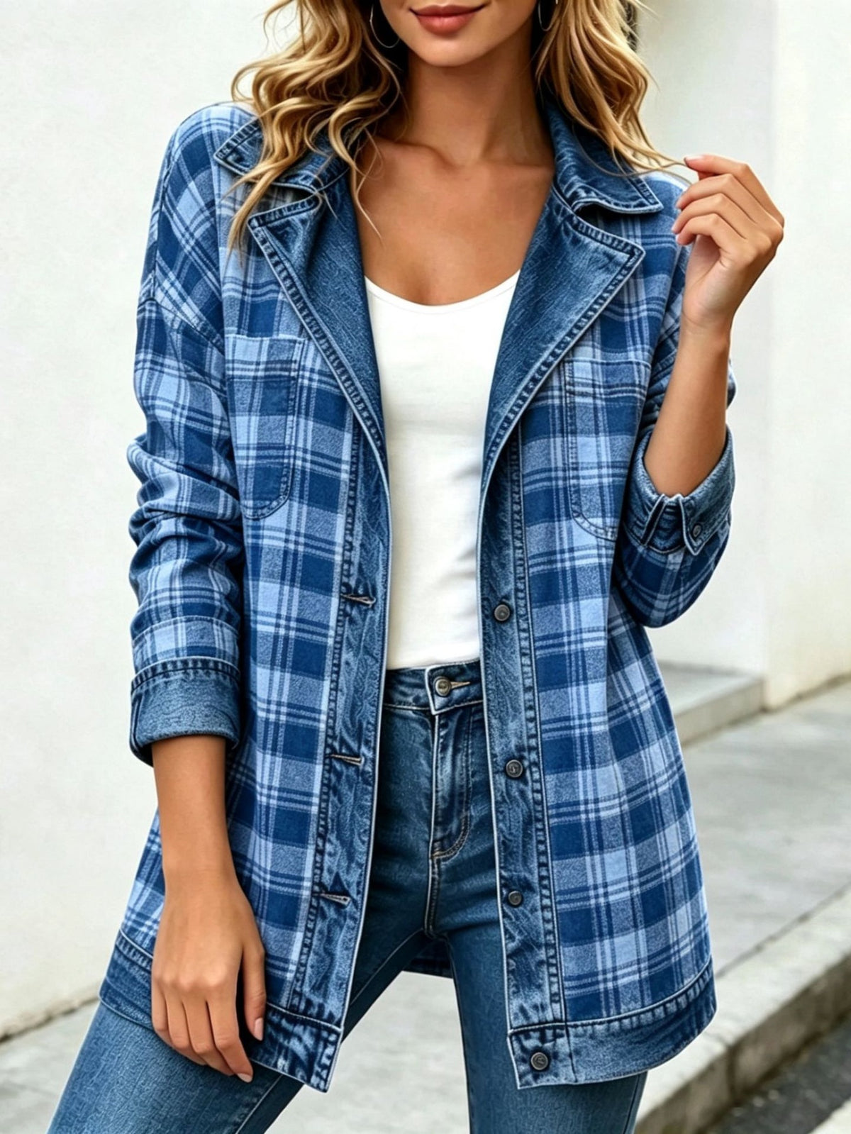 🔥Plaid Denim Combo Collared Jacket