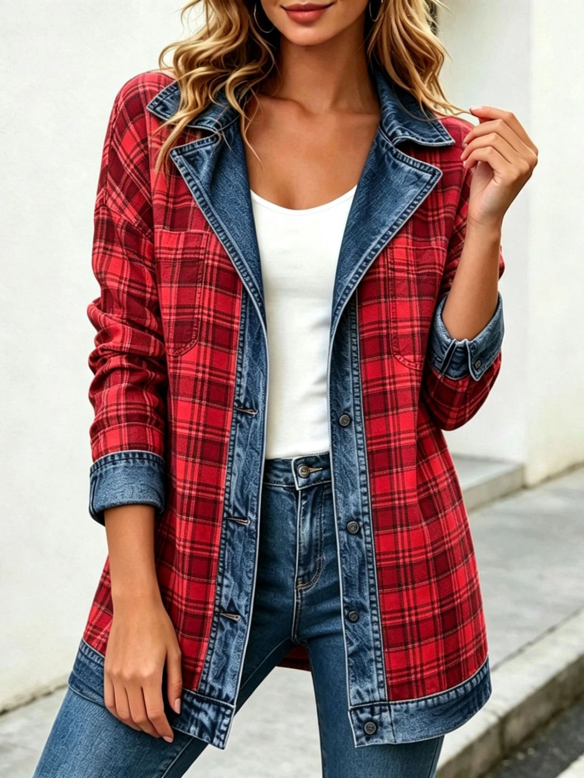 🔥Plaid Denim Combo Collared Jacket
