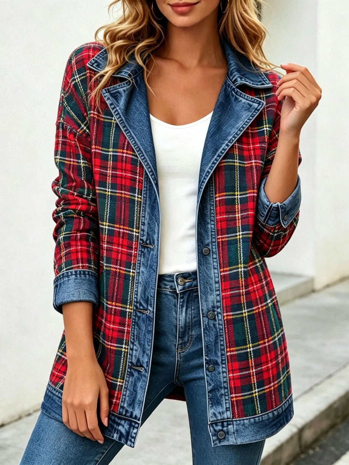 🔥Plaid Denim Combo Collared Jacket
