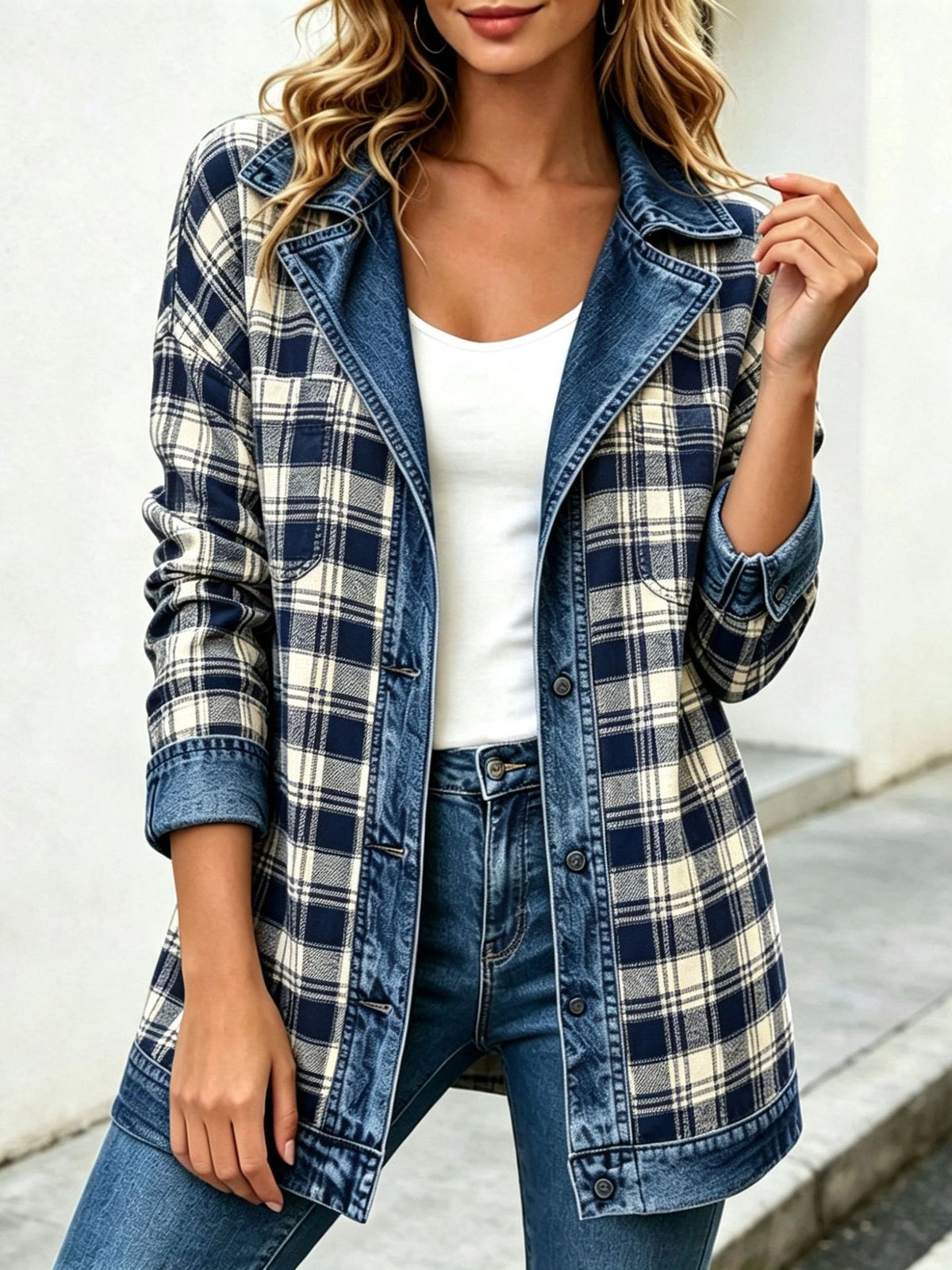 🔥Plaid Denim Combo Collared Jacket