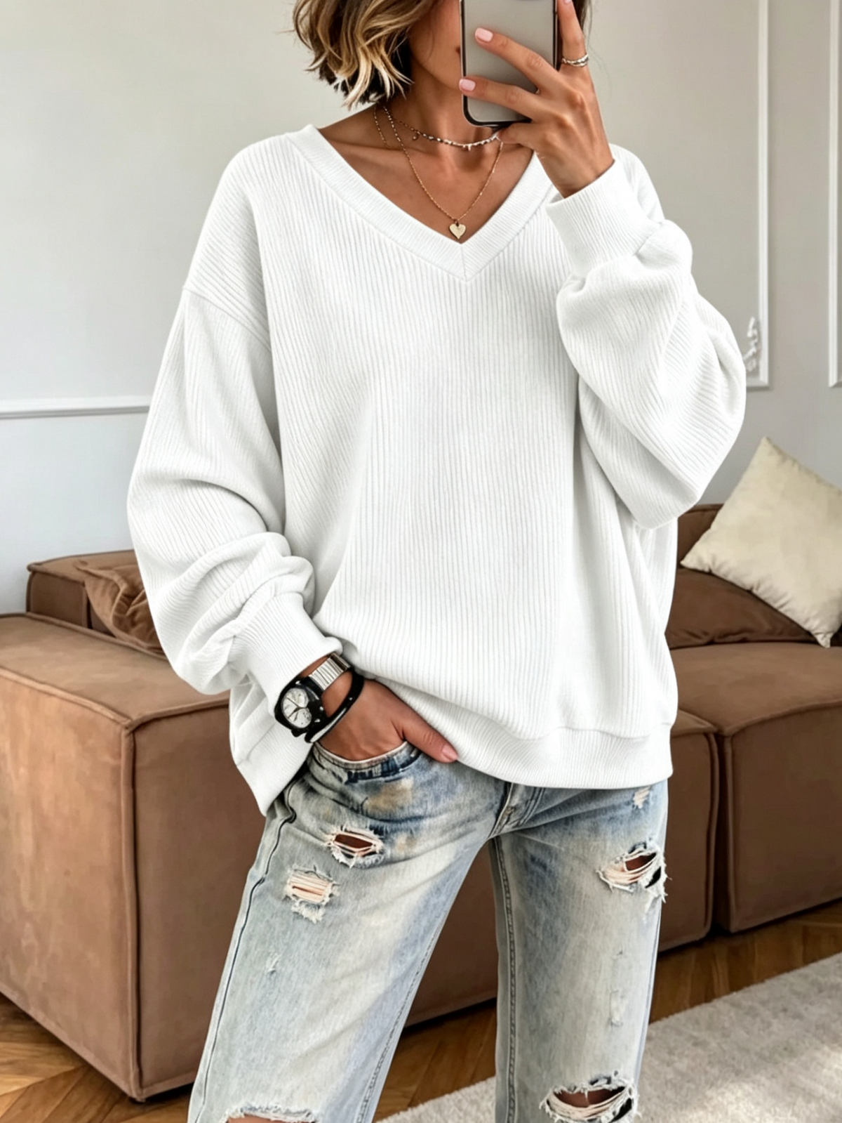 V-Neck Loose Ribbed Knit Top