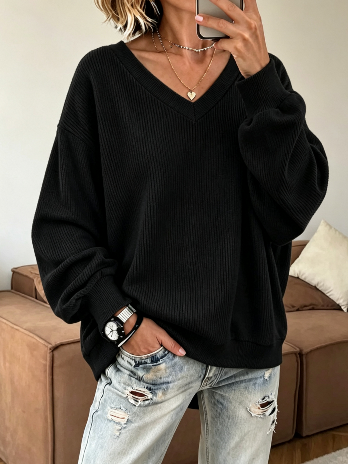V-Neck Loose Ribbed Knit Top
