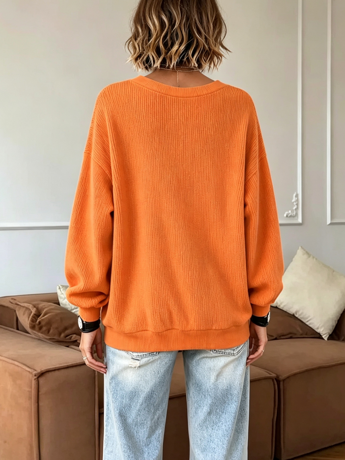 V-Neck Loose Ribbed Knit Top