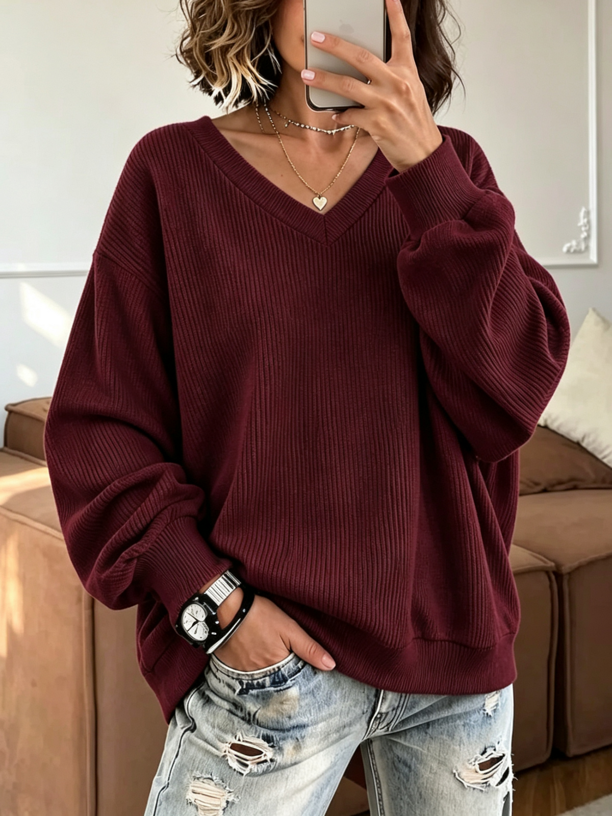 V-Neck Loose Ribbed Knit Top