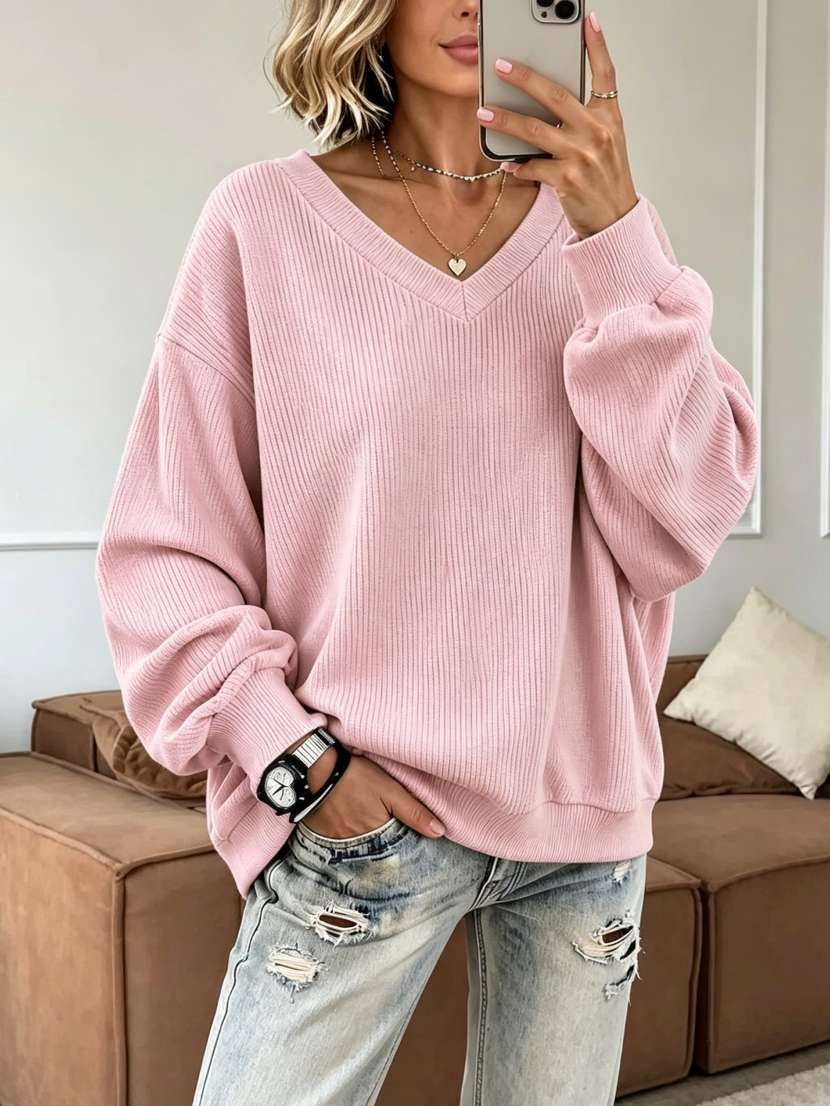 V-Neck Loose Ribbed Knit Top