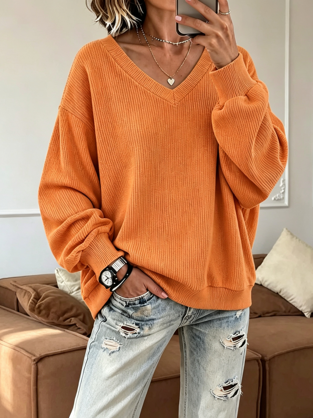 V-Neck Loose Ribbed Knit Top