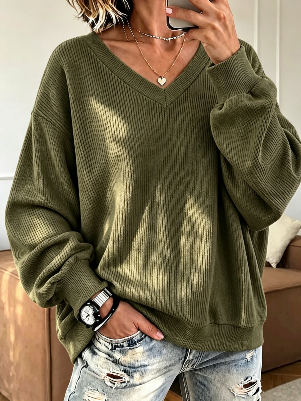 V-Neck Loose Ribbed Knit Top