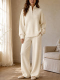Knit Zip Collar Wide Leg Set
