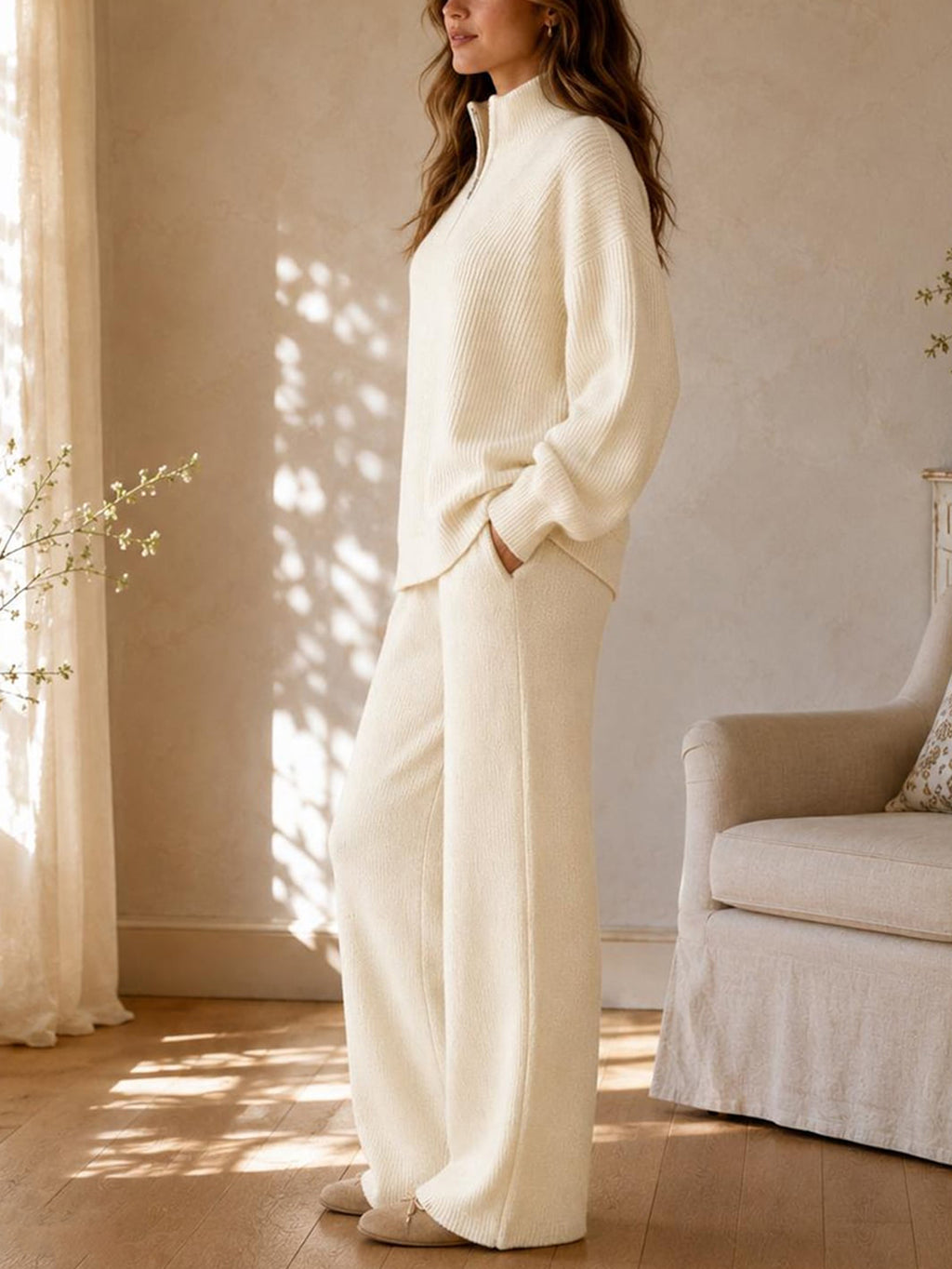 Knit Zip Collar Wide Leg Set
