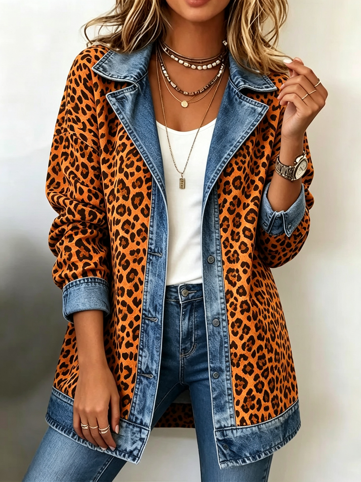 🐆 Women’s Denim Patchwork Leopard Print Jacket Casual Button-Up Blazer Coat