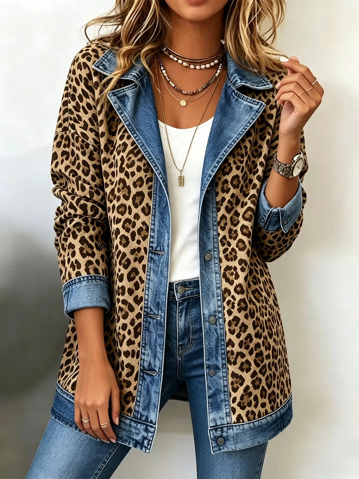 🐆 Women’s Denim Patchwork Leopard Print Jacket Casual Button-Up Blazer Coat