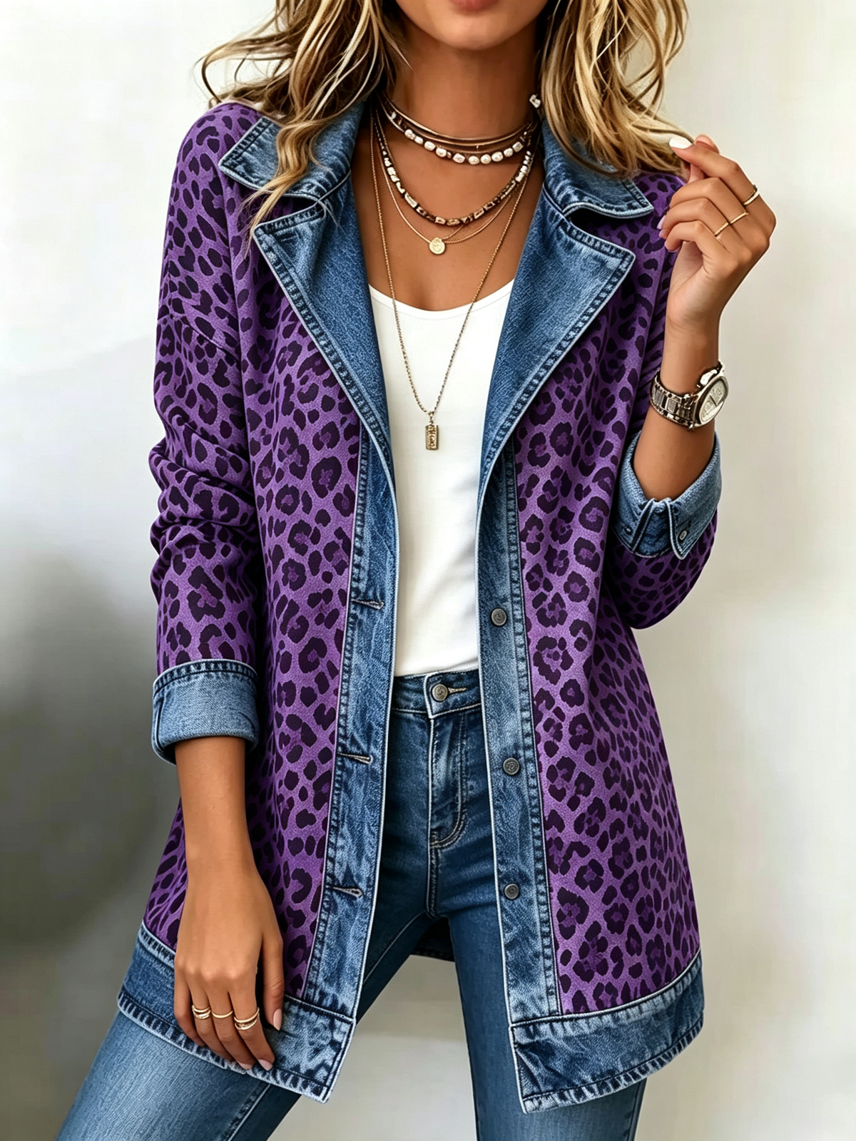 🐆 Women’s Denim Patchwork Leopard Print Jacket Casual Button-Up Blazer Coat