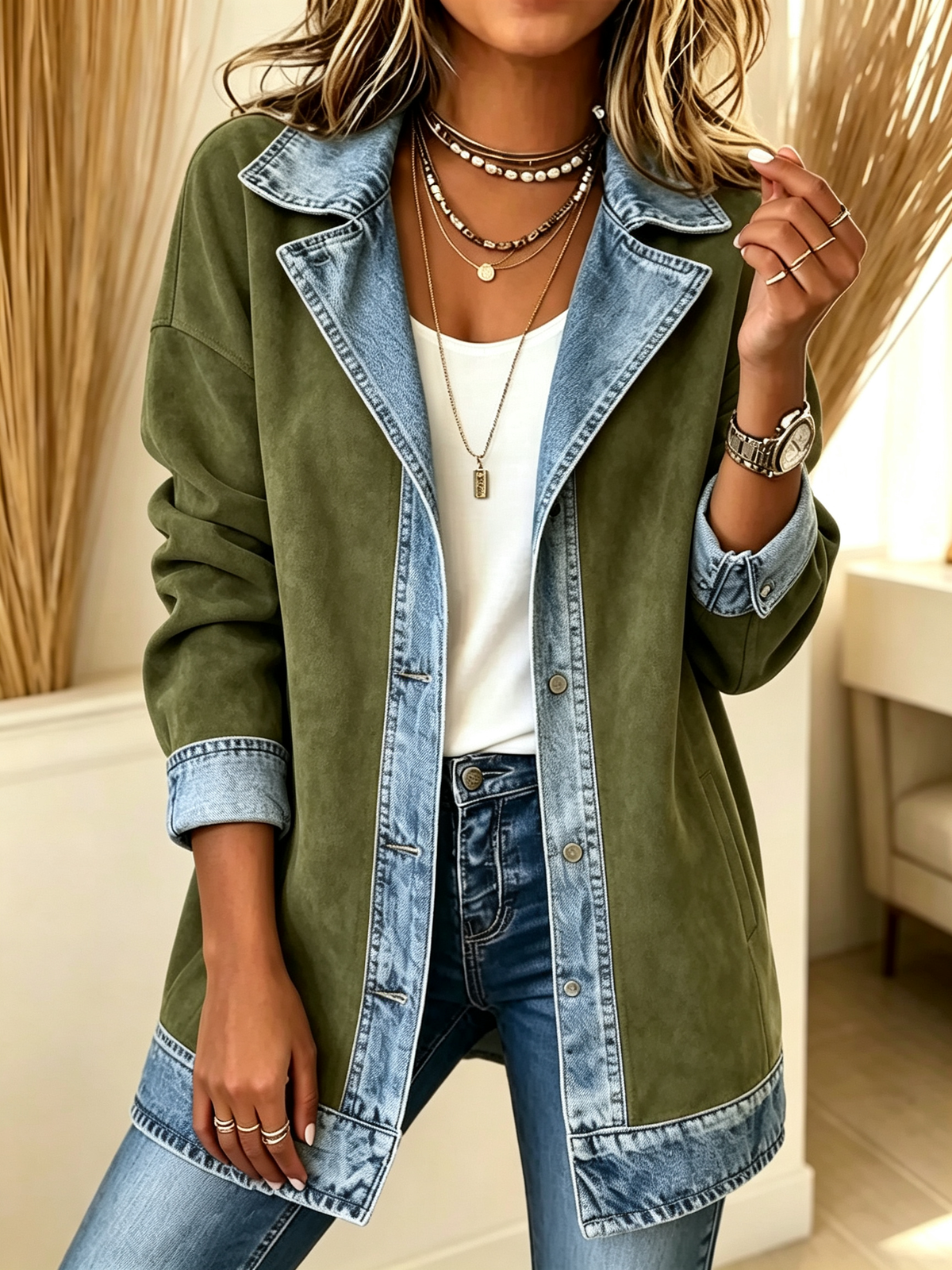 Faux Suede Denim Patchwork Lapel Jacket