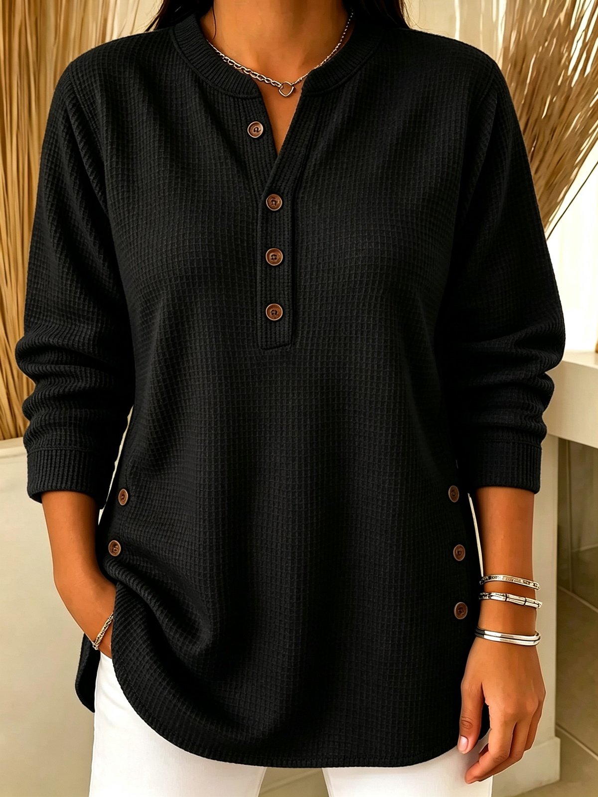 White Waffle Knit Henley Long Sleeve Top with Side Buttons