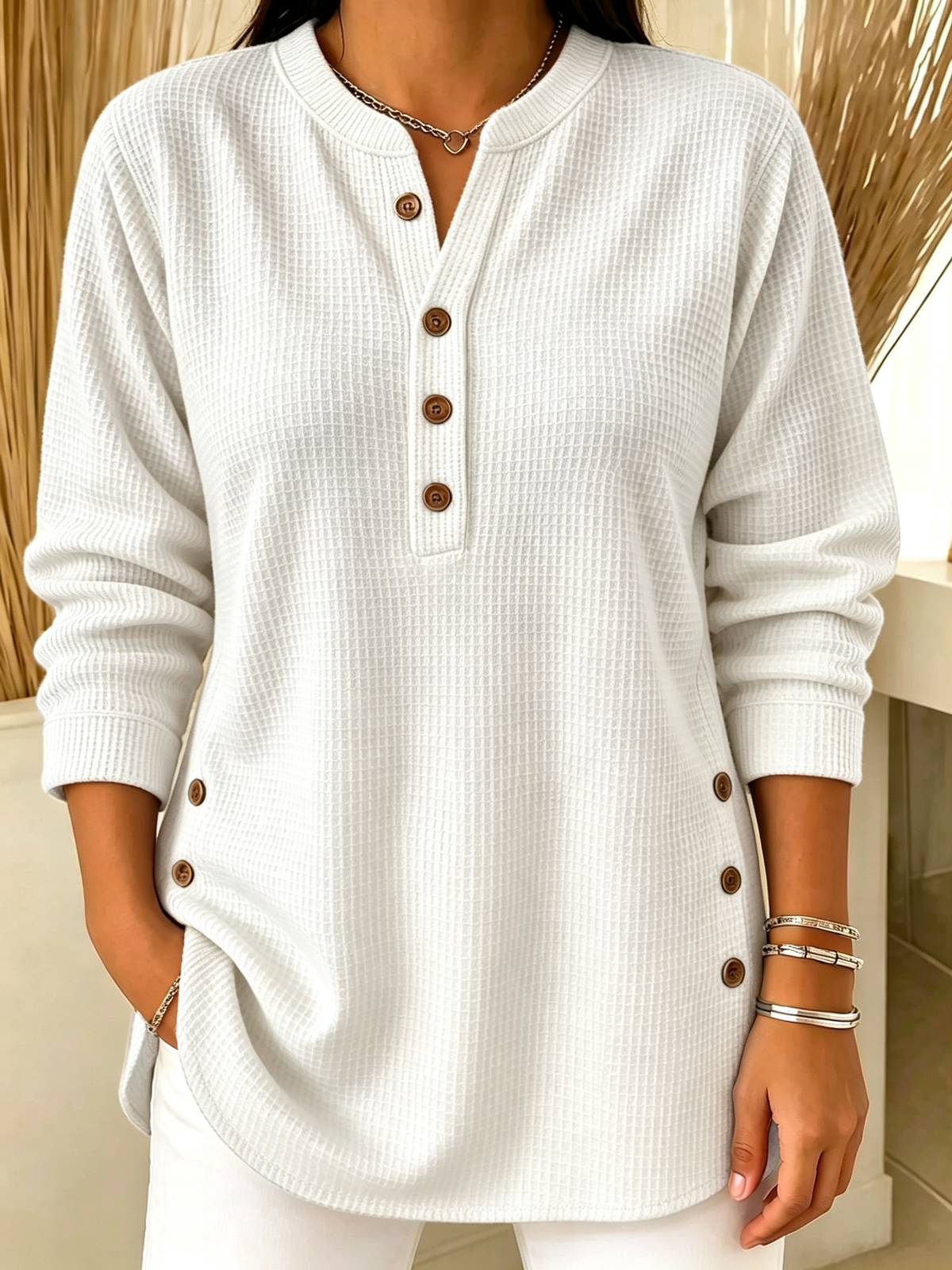 White Waffle Knit Henley Long Sleeve Top with Side Buttons