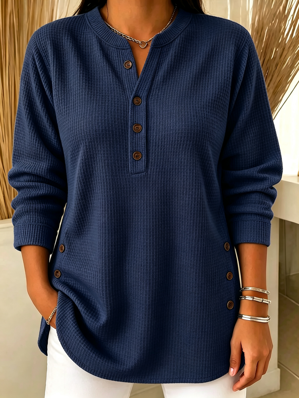 White Waffle Knit Henley Long Sleeve Top with Side Buttons