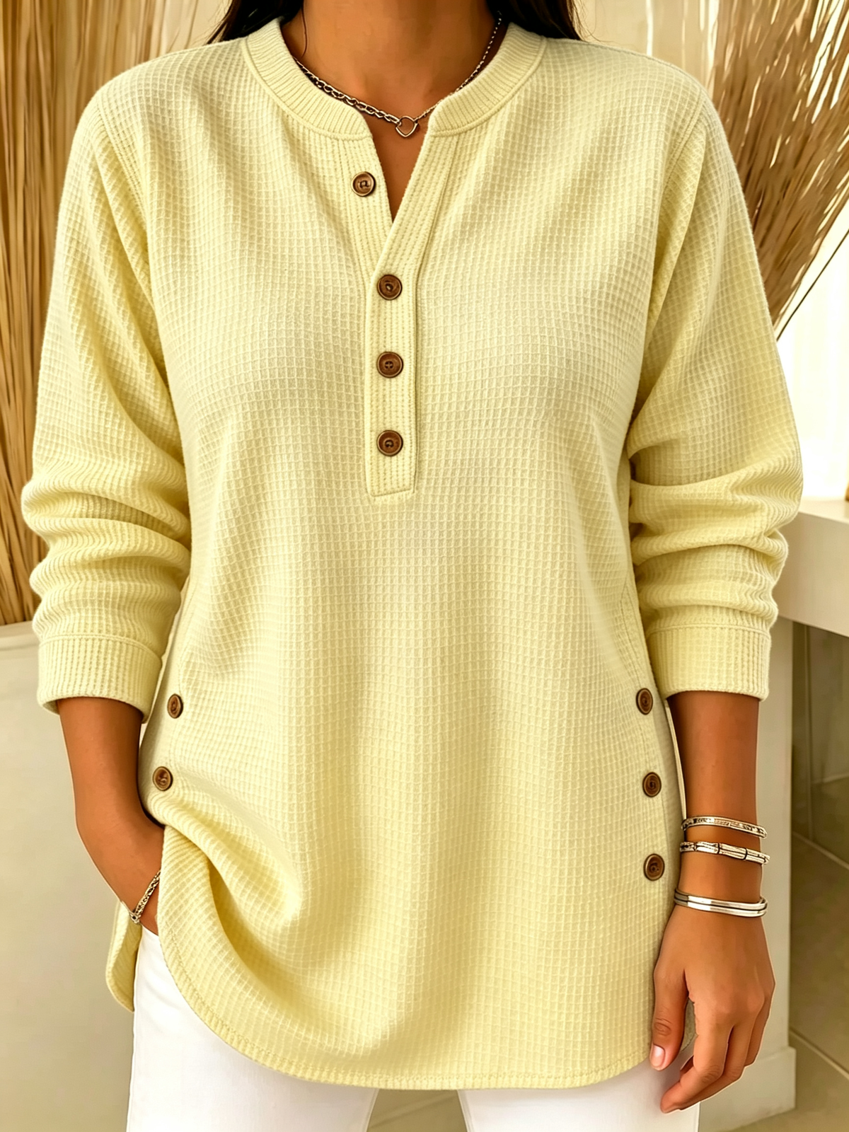 White Waffle Knit Henley Long Sleeve Top with Side Buttons