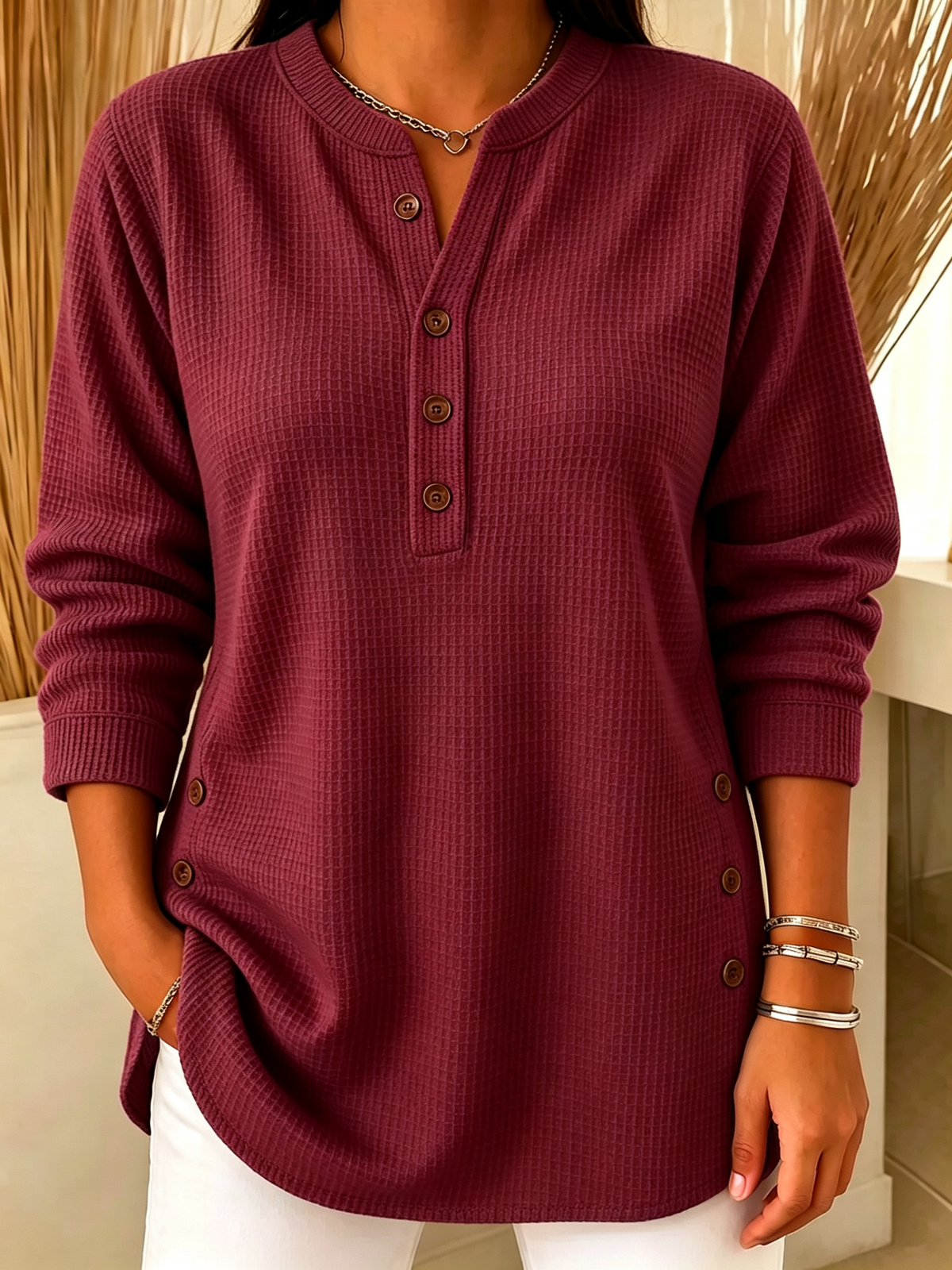 White Waffle Knit Henley Long Sleeve Top with Side Buttons