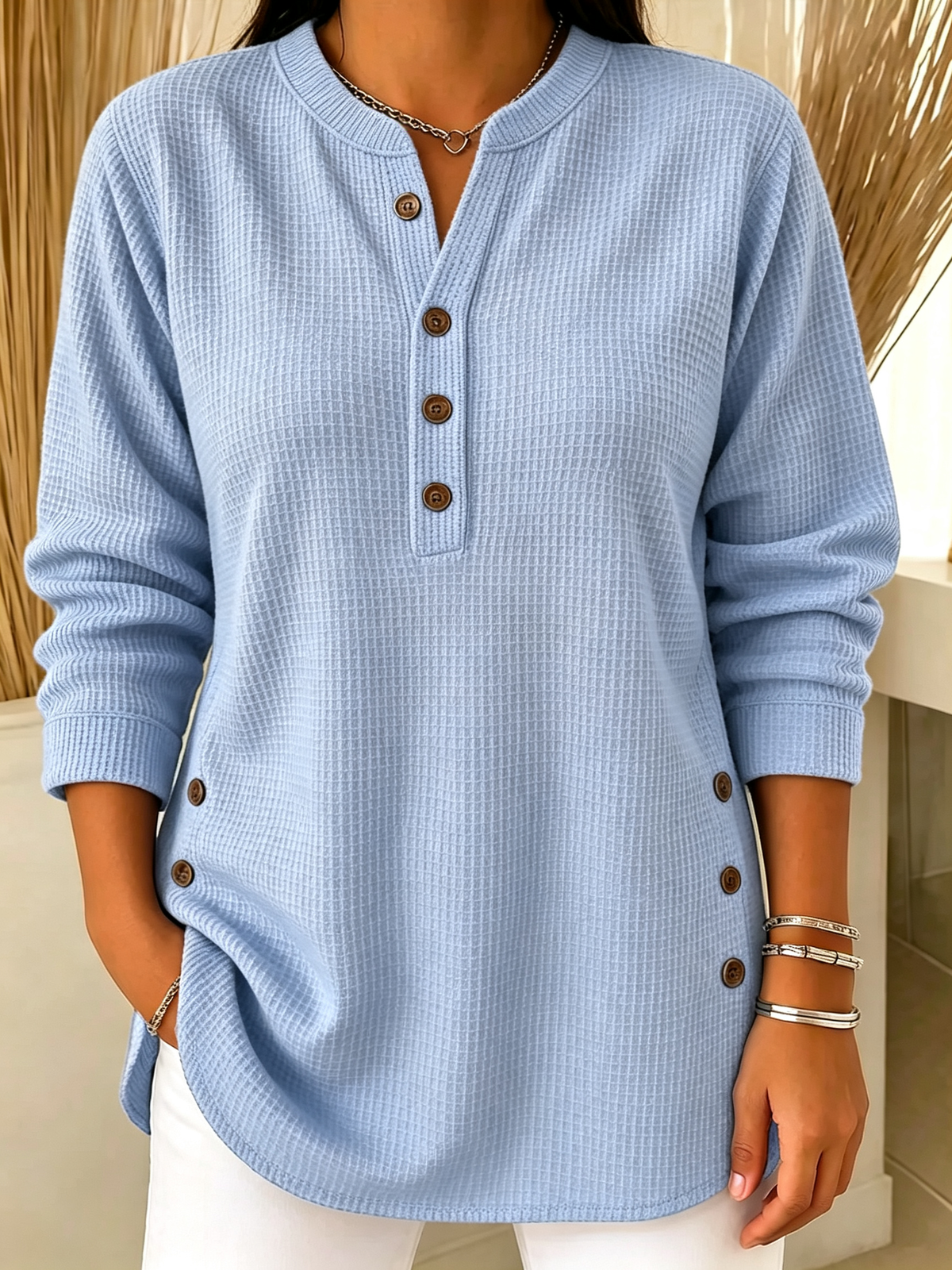 White Waffle Knit Henley Long Sleeve Top with Side Buttons