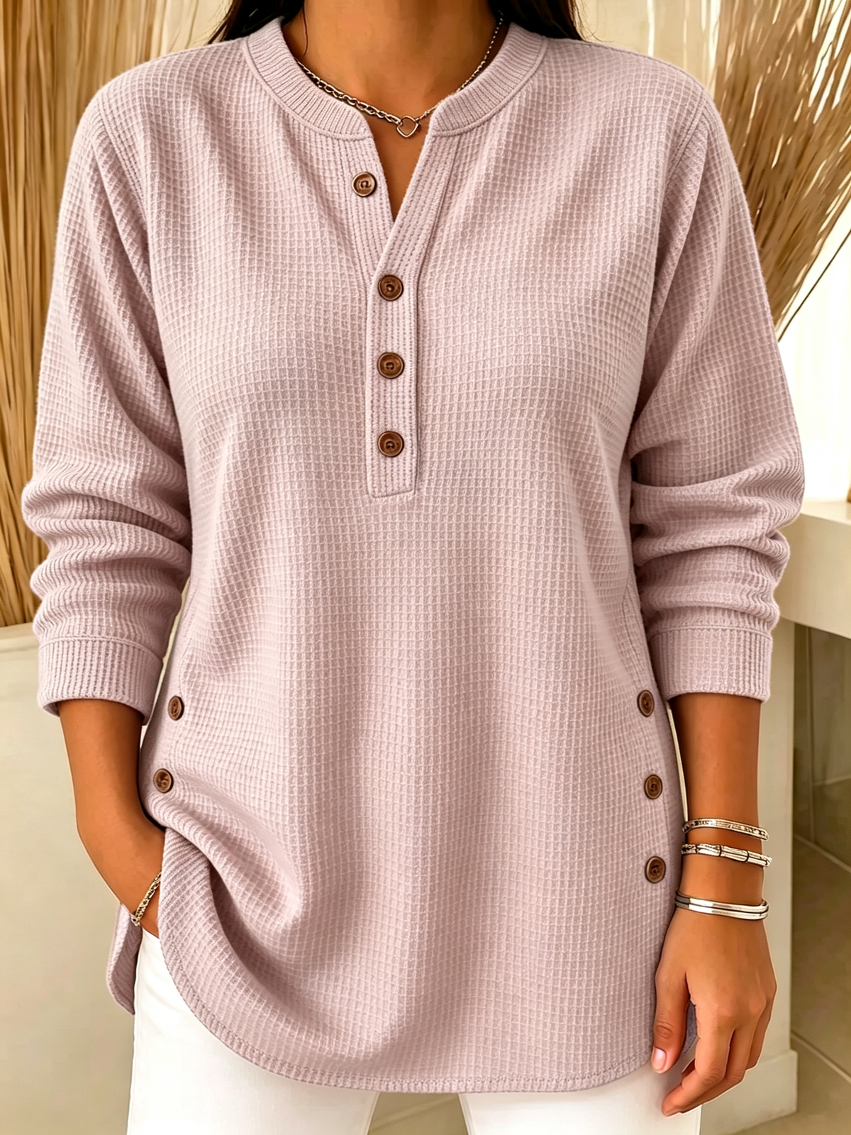 White Waffle Knit Henley Long Sleeve Top with Side Buttons