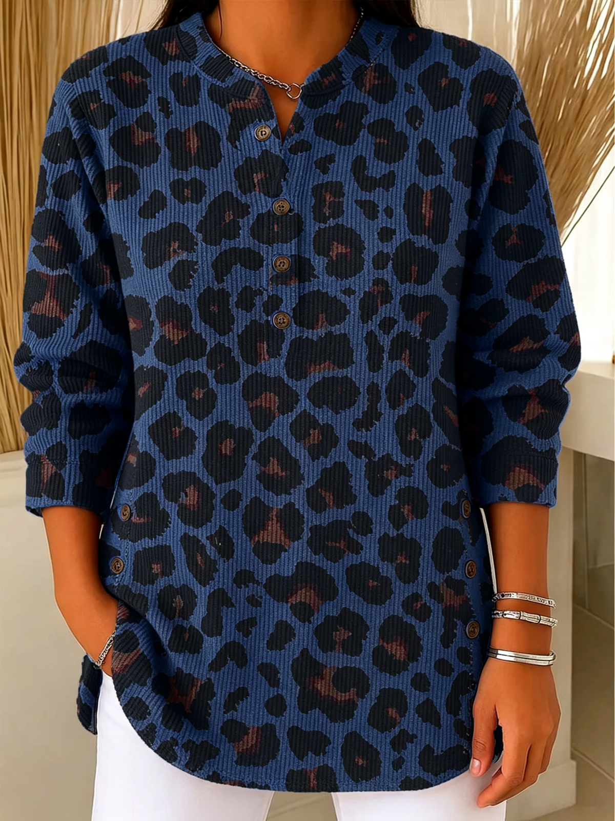 Leopard Print Henley Button Long Sleeve Top