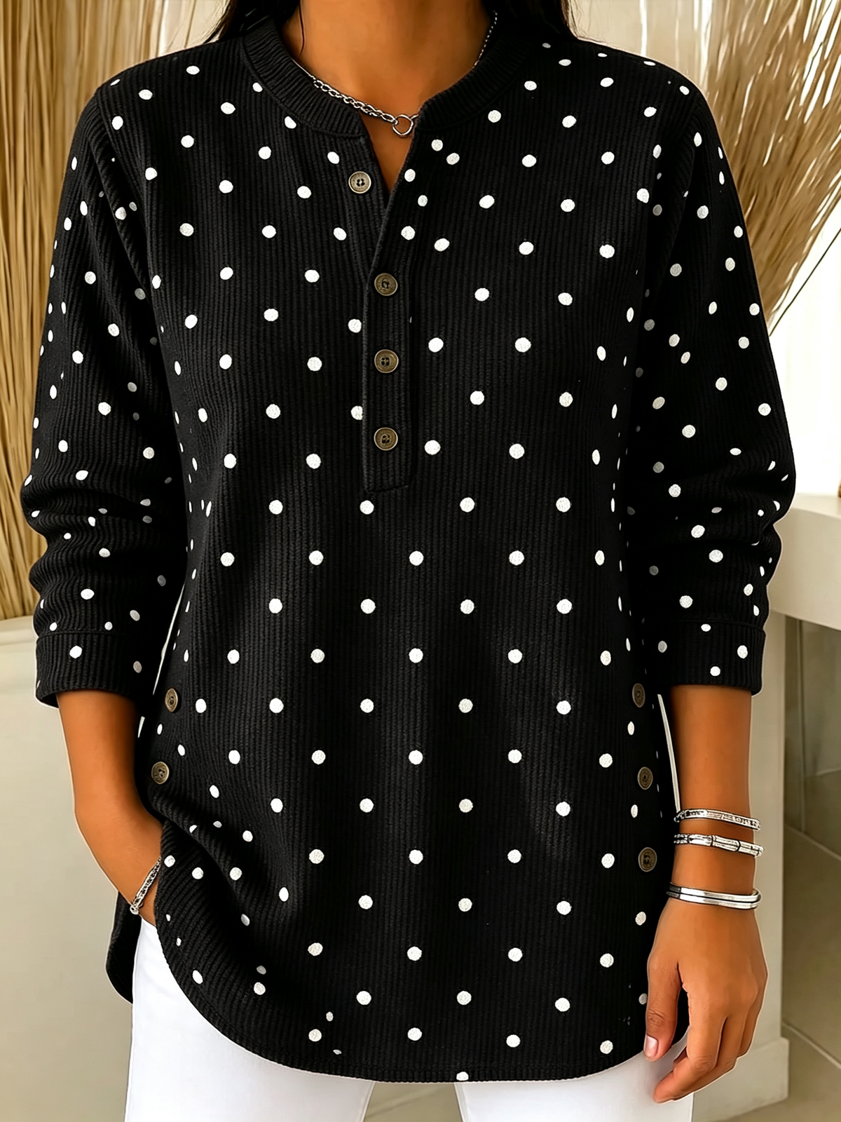 Polka Dot Henley Ribbed Knit Long Sleeve Top