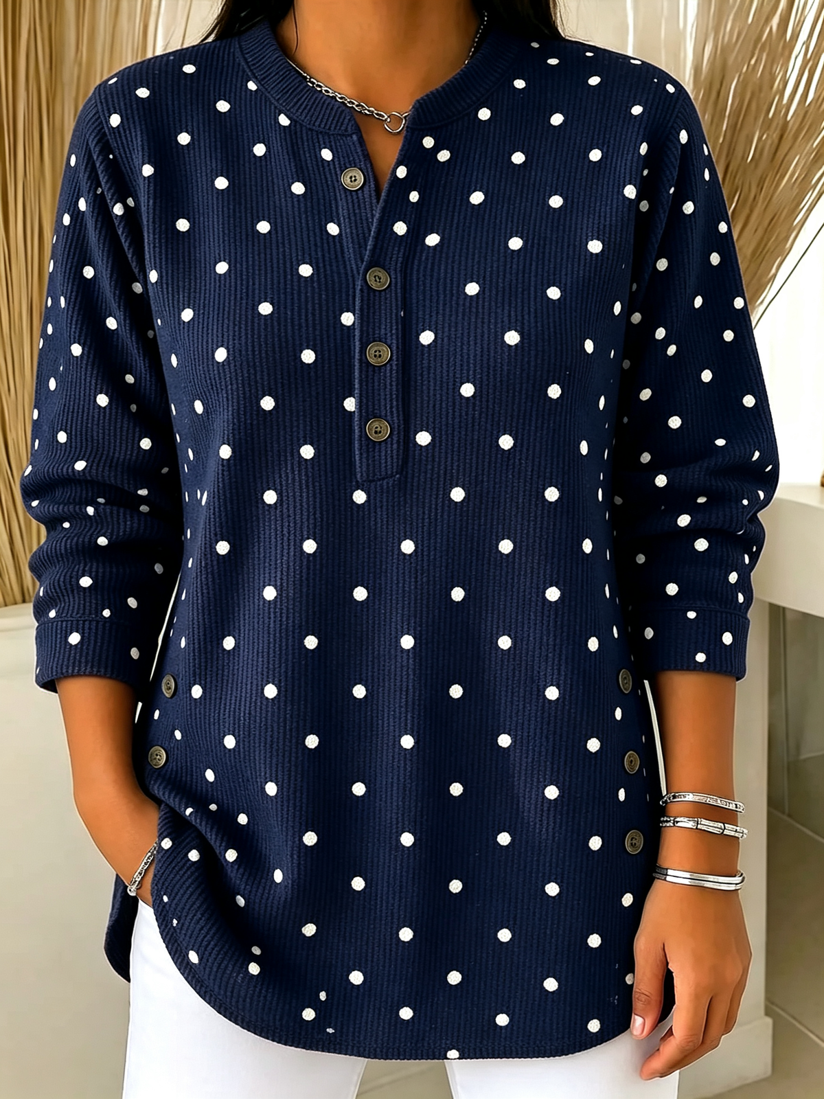 Polka Dot Henley Ribbed Knit Long Sleeve Top