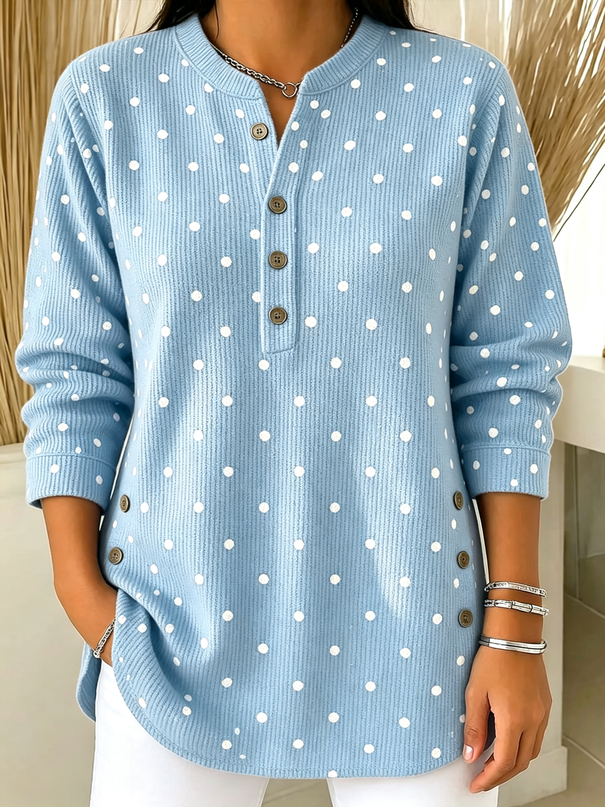Polka Dot Henley Ribbed Knit Long Sleeve Top