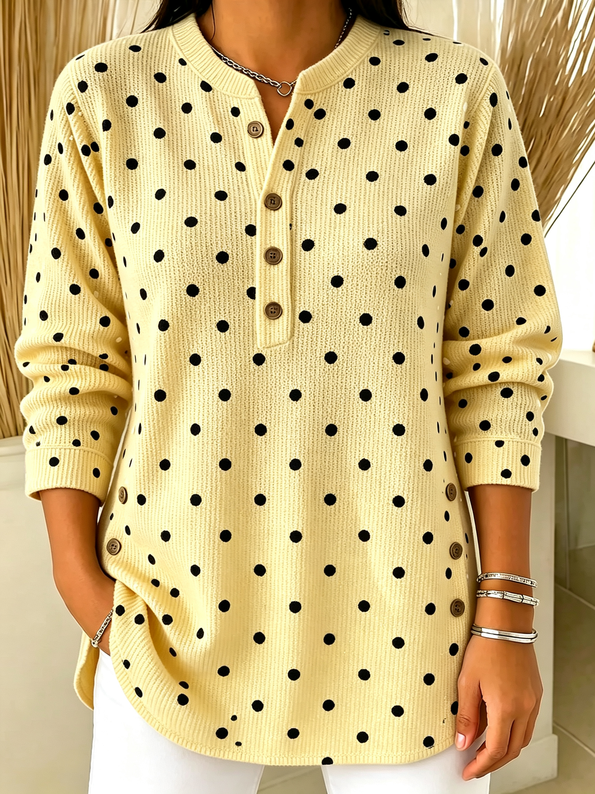 Polka Dot Henley Ribbed Knit Long Sleeve Top