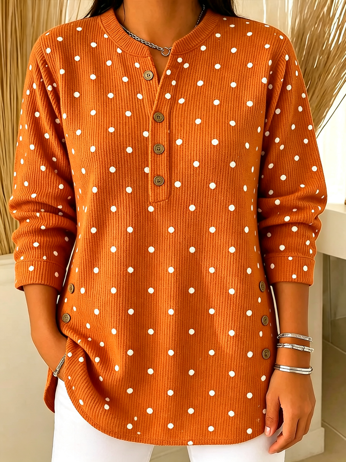 Polka Dot Henley Ribbed Knit Long Sleeve Top