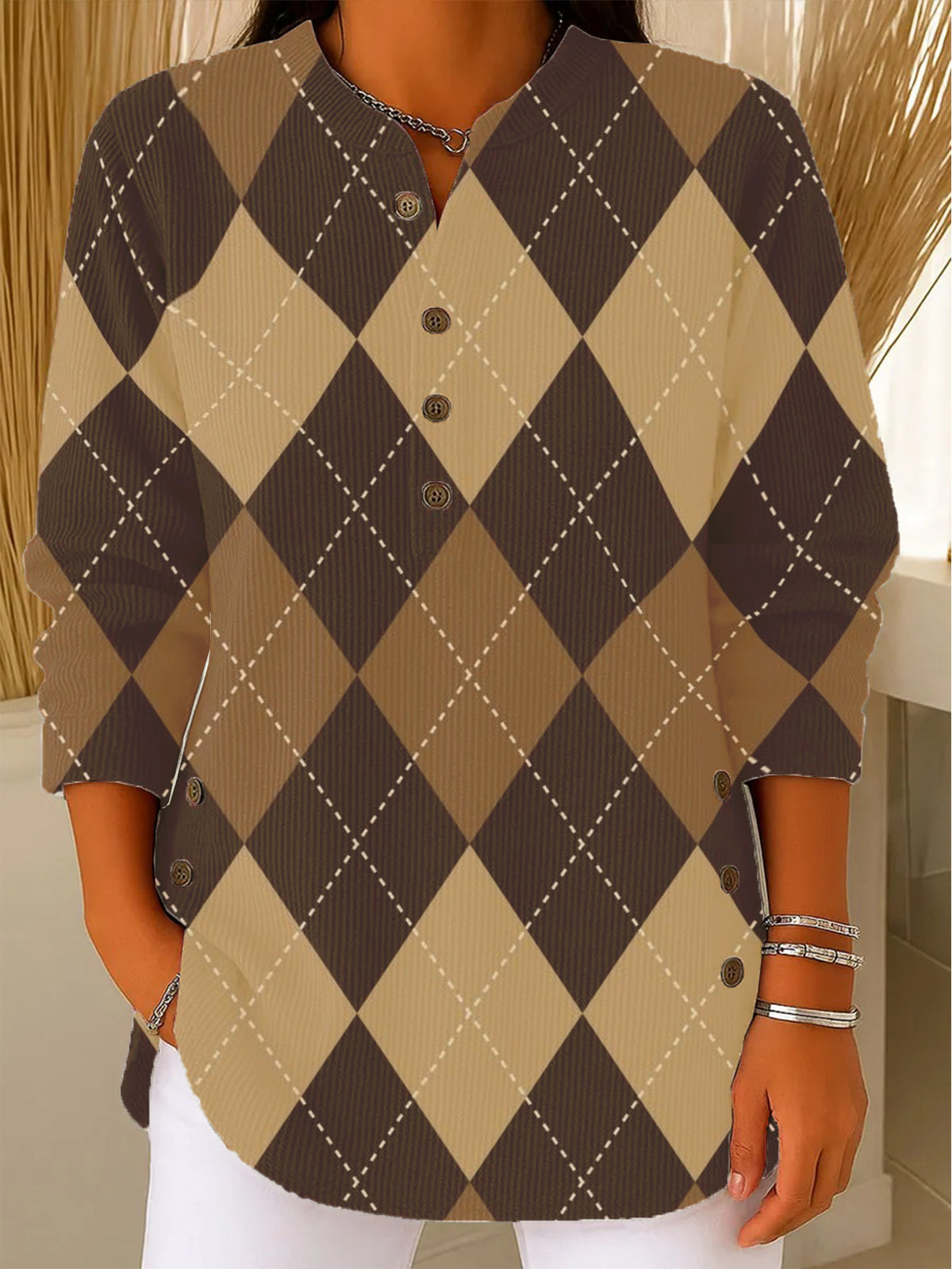 Argyle Henley Knit Long Sleeve Top