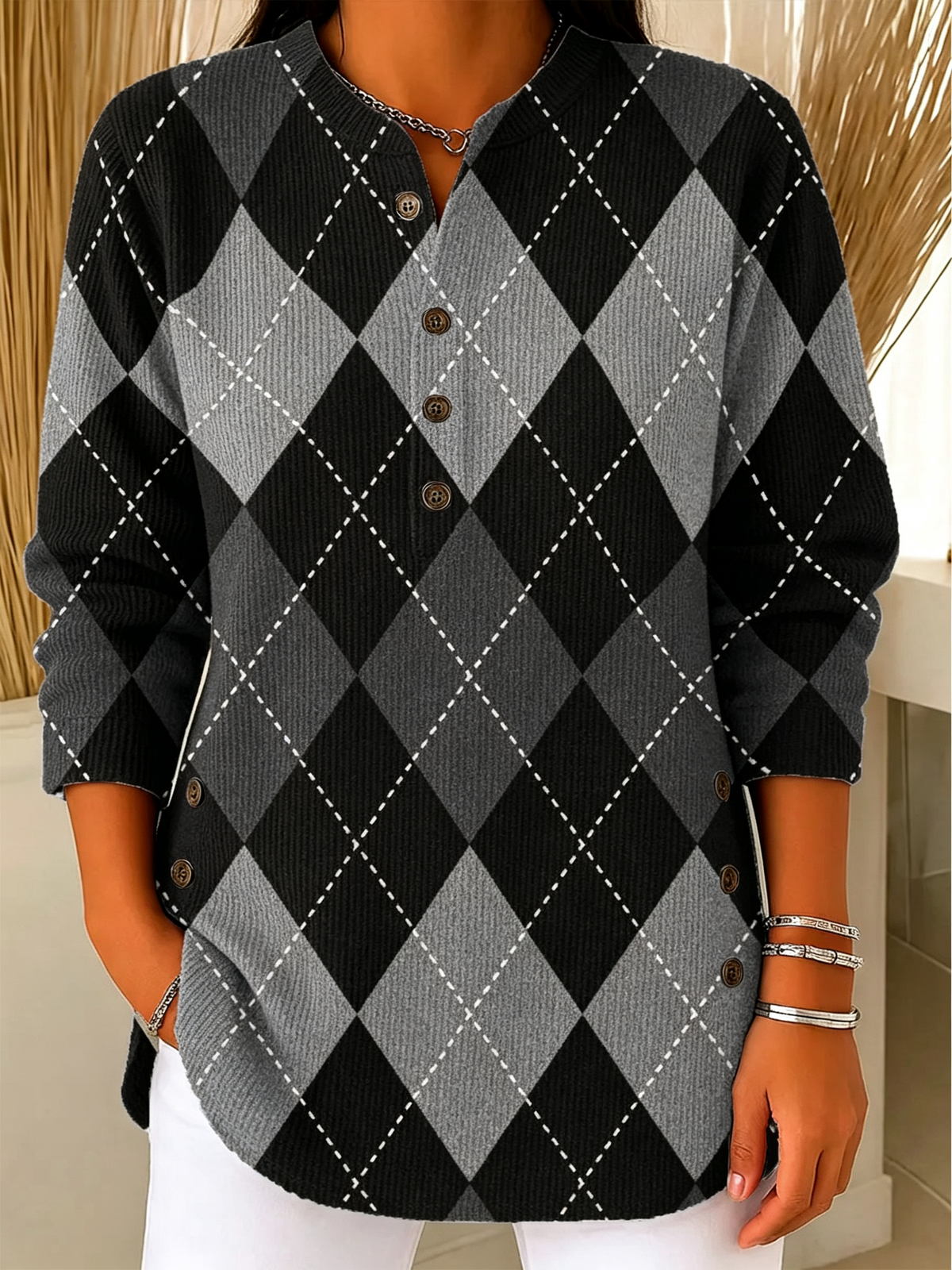 Argyle Henley Knit Long Sleeve Top