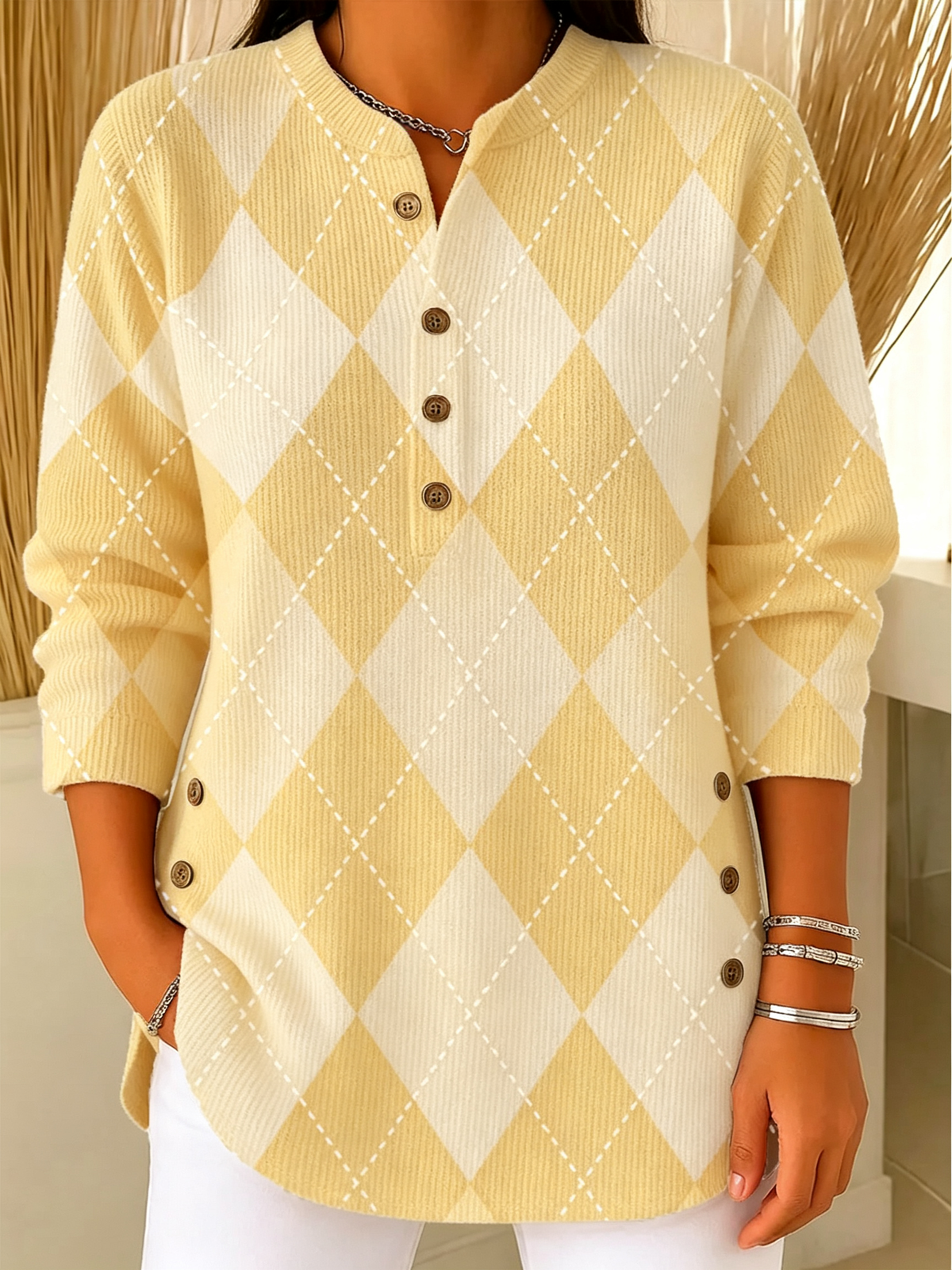 Argyle Henley Knit Long Sleeve Top